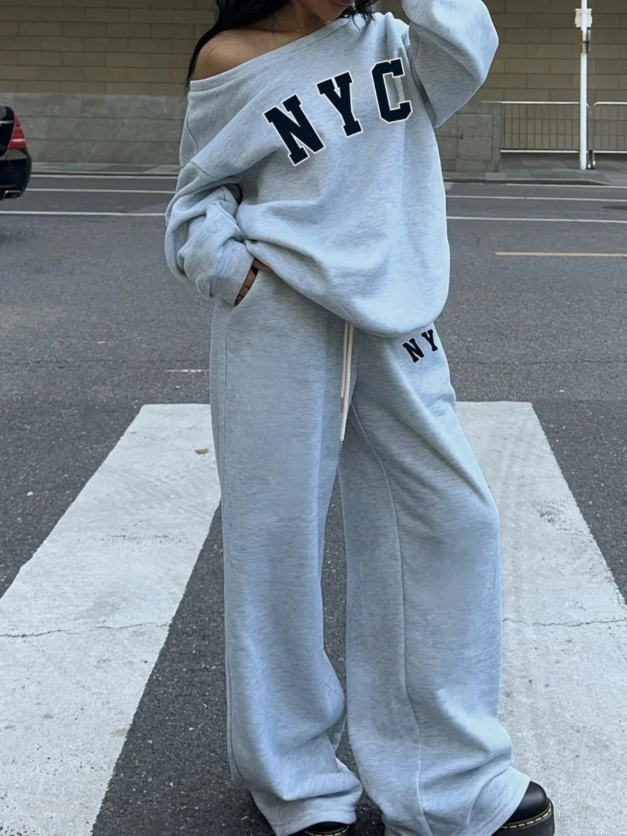 Ensemble survêtement femme gris clair décontracté avec impression NYC - Imagen 2