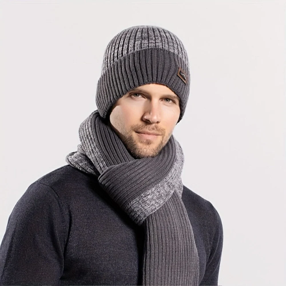 Ensemble hiver bonnet écharpe gants gris chiné tricot doublé polaire pour homme - Imagen 6