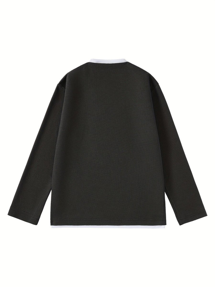 Pull Homme Maille Gaufre Bicolore Col V Manches Longues Gris - Imagen 4