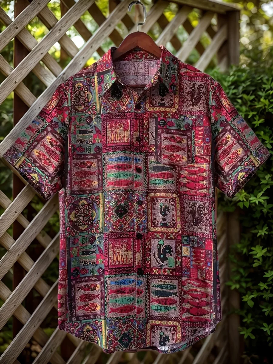 Chemise Resort Homme Motif Patchwork Style Vintage à Manches Courtes - Imagen 3