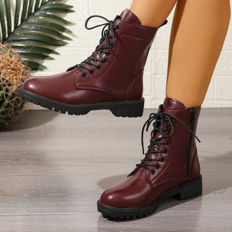 Bottes chelsea femme bordeaux à lacets et fermeture éclair latérale, semelle épaisse - Imagen 5