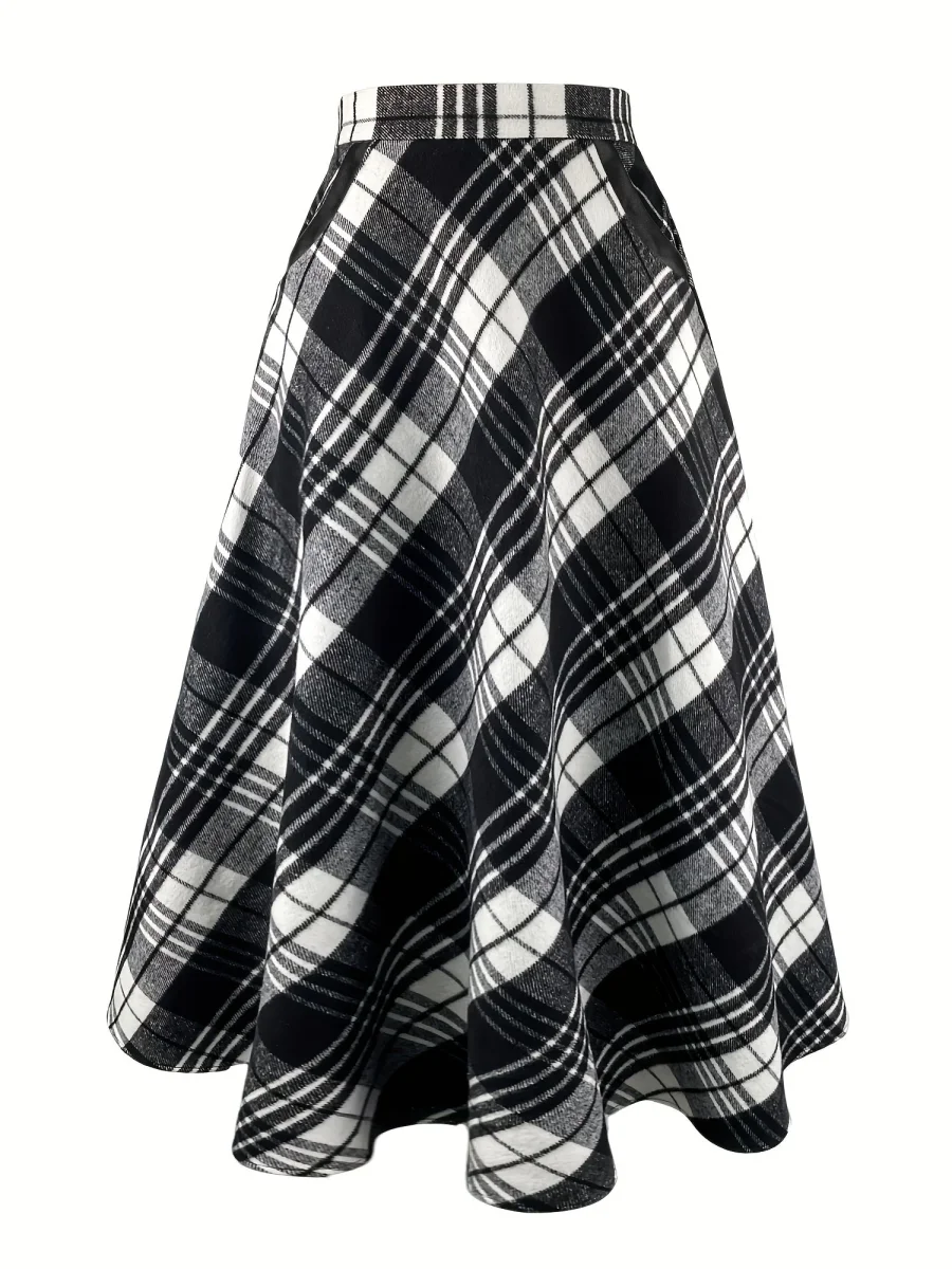 Jupe longue évasée à carreaux style écossais noir et blanc pour femme - Imagen 5