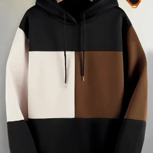 Sweat à Capuche Color Block Homme Noir Beige Marron Manches Longues Doublé Polaire