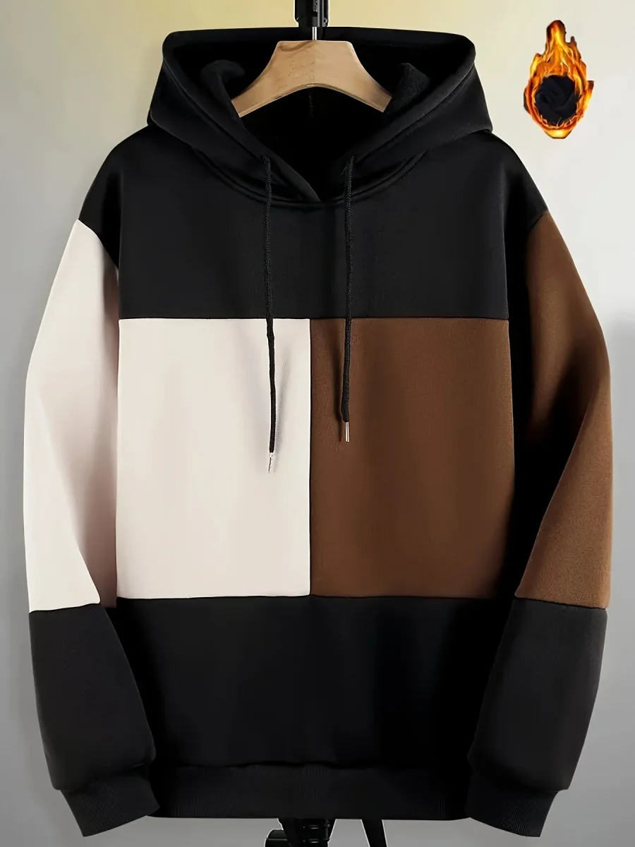 Sweat à Capuche Color Block Homme Noir Beige Marron Manches Longues Doublé Polaire - Imagen 2