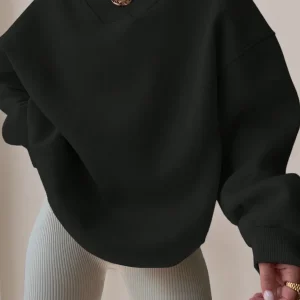 Pull col V femme noir décontracté manches longues