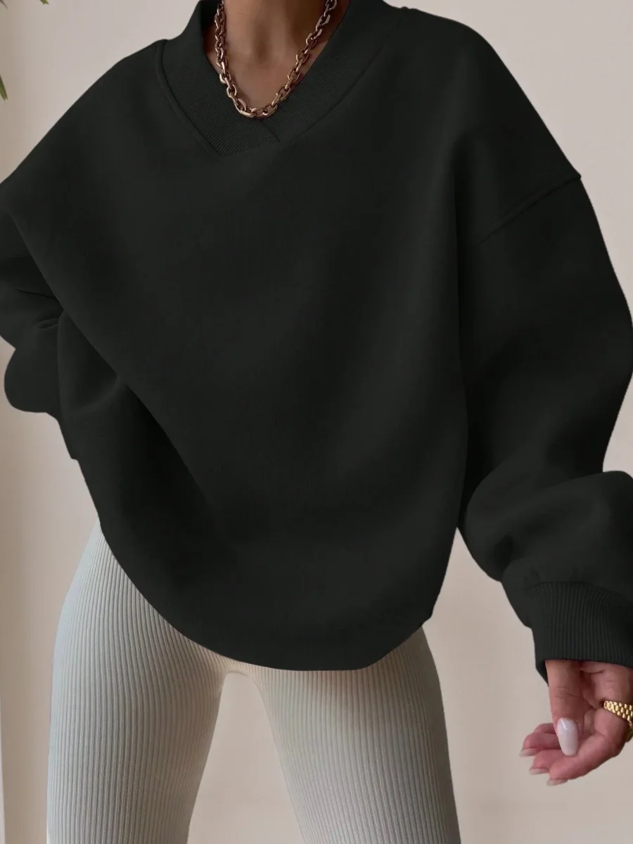 Pull col V femme noir décontracté manches longues - Imagen 2