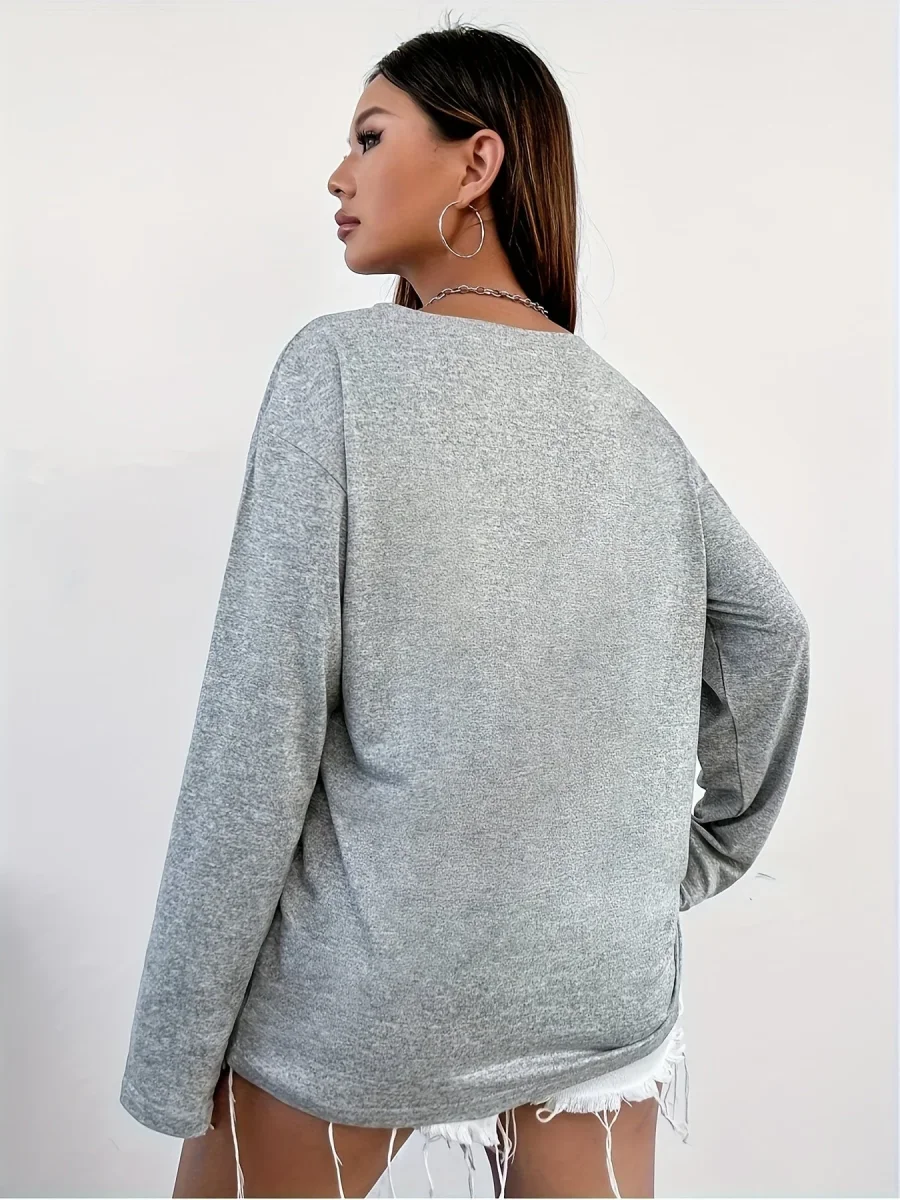 Haut décontracté Femme à manches longues Gris Col en V avec motif numérique '08' - Imagen 3