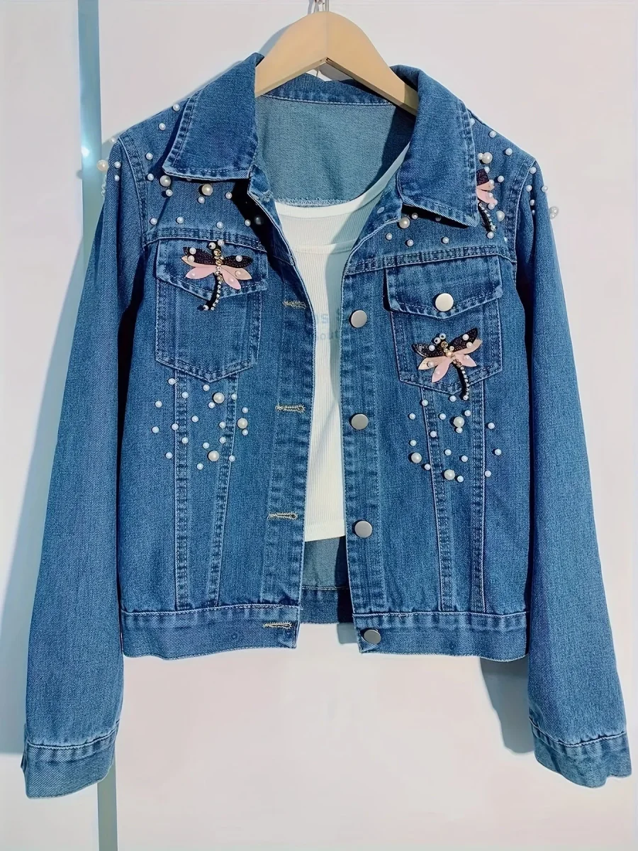 Veste en jean femme bleue brodée de perles et ornements - Imagen 7