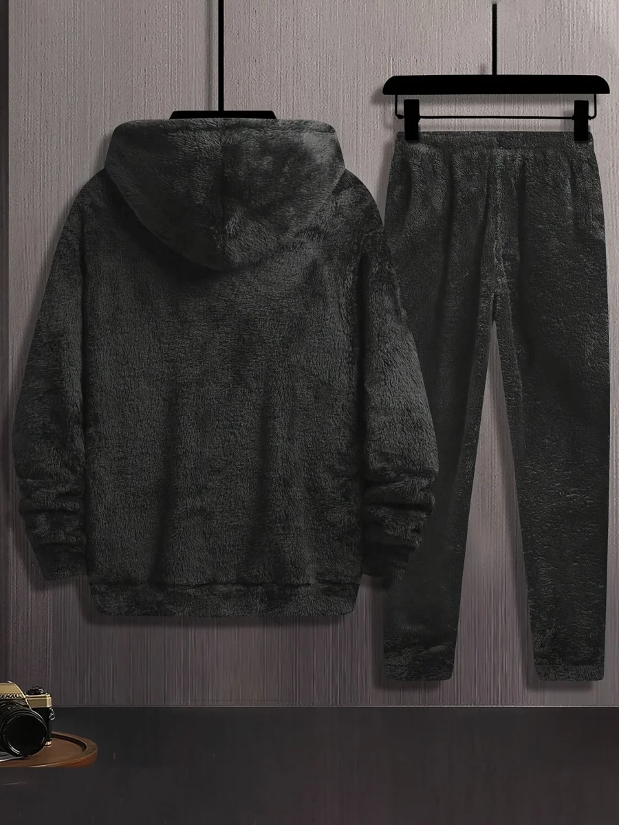 Ensemble Homme Doux Noir à Capuche et Pantalon Motif Géométrique Relief - Imagen 3