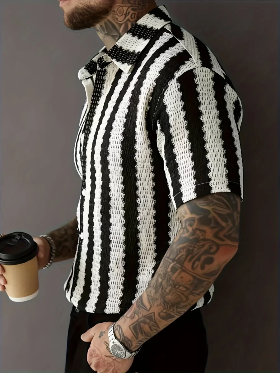 Chemise Resort Homme à Manches Courtes Style Moderne – Rayures Verticales, Look Urbain Décontracté - Imagen 6