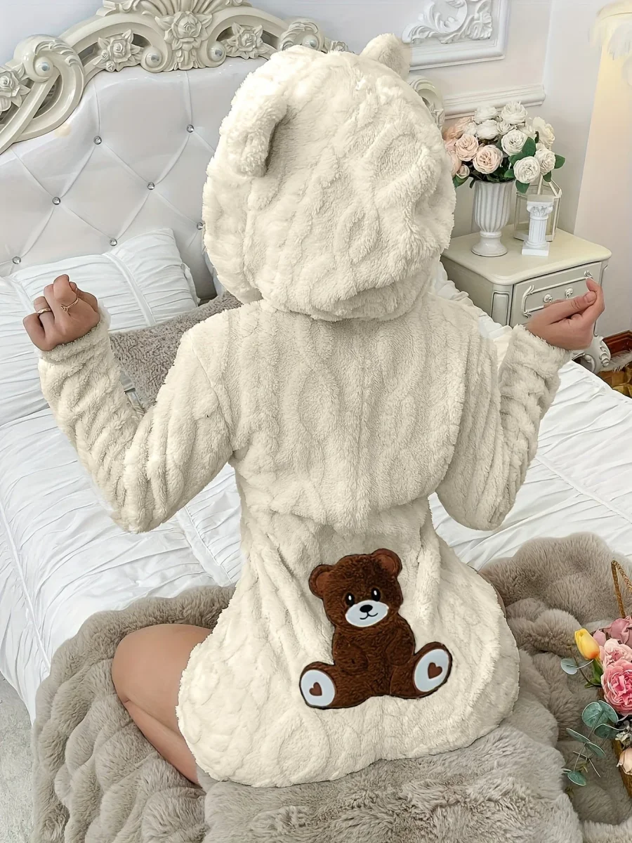 Grenouillère Peluche Femme à Capuche Ours Polaire Crème avec Broderie Ours Marron - Imagen 8