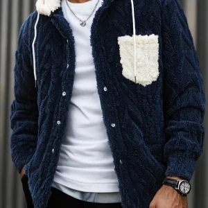 Veste Homme Polaire Sherpa à Capuche Bleu Marine et Poche Poitrine Contrastée