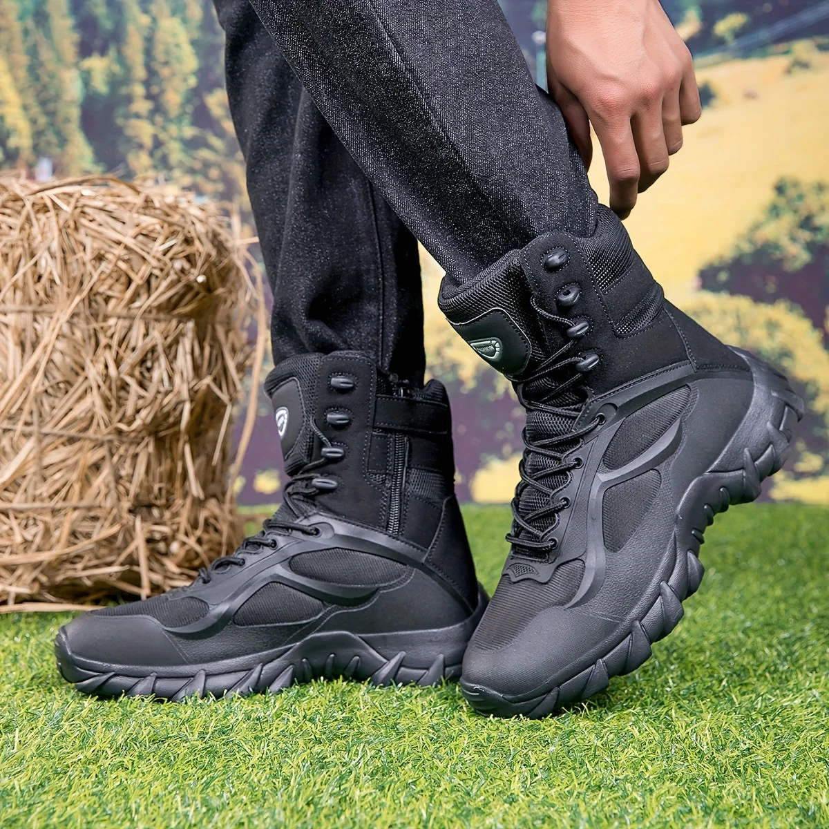 Bottes tactiques montantes noires à lacets et semelle crantée pour homme - Imagen 7