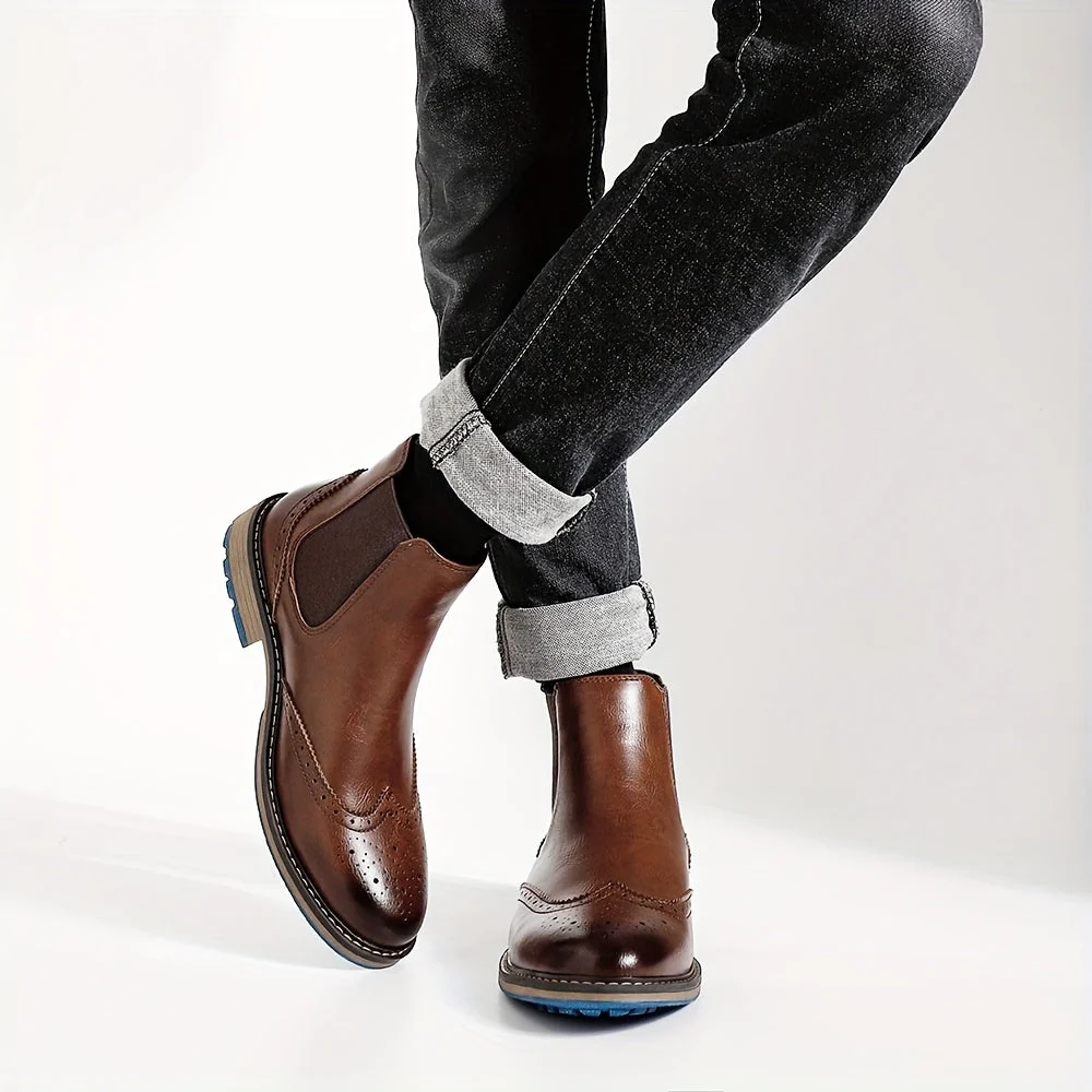 Bottes Chelsea Homme Marron Brogue Détails Perforés Élastiques Latéraux Semelle Bleue - Imagen 8