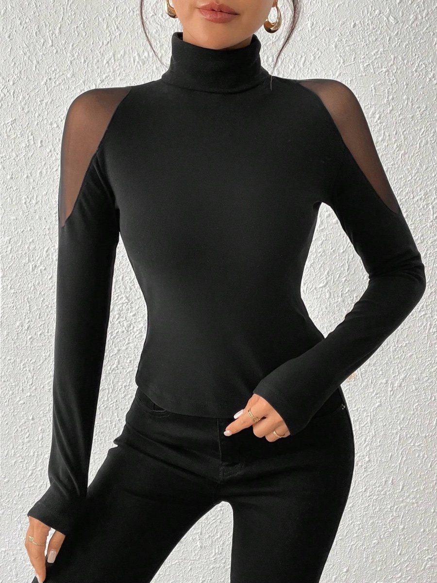 Haut moulant femme col roulé noir manches longues transparentes épaules - Imagen 6
