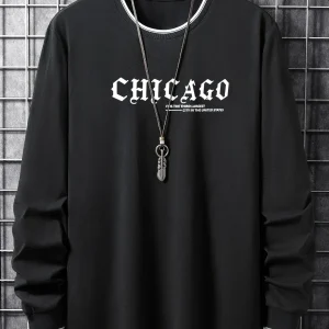 T-shirt Homme Manches Longues Col Rond Imprimé Chicago