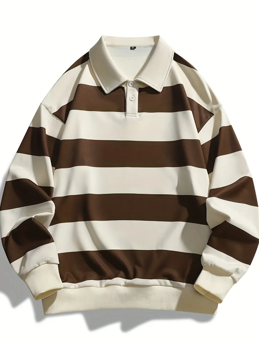 Polo manches longues à rayures horizontales marron et blanc cassé pour homme - Imagen 2