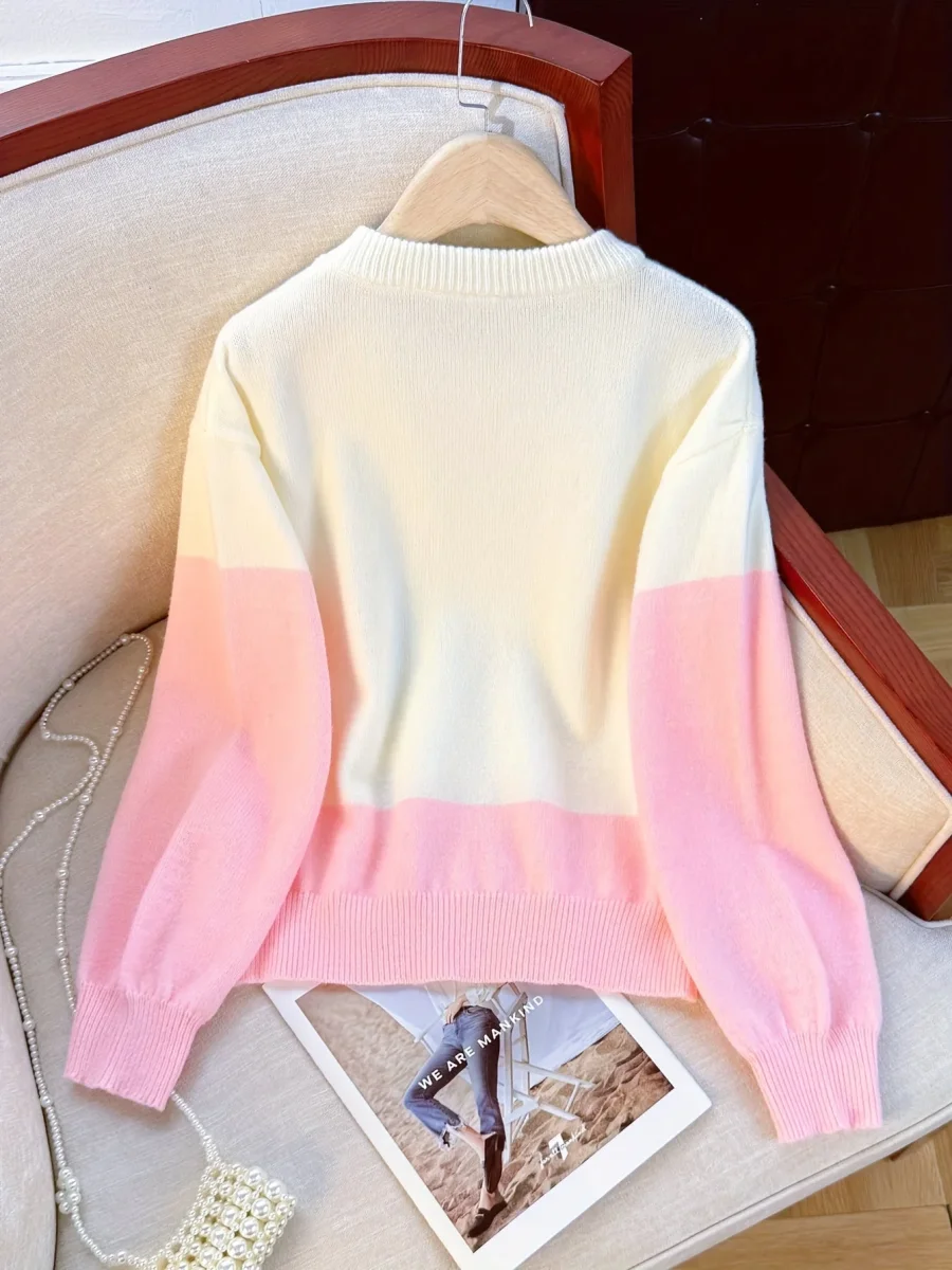 Sweat-shirt bicolore blanc rose imprimé rose rouge et texte col rond - Imagen 3