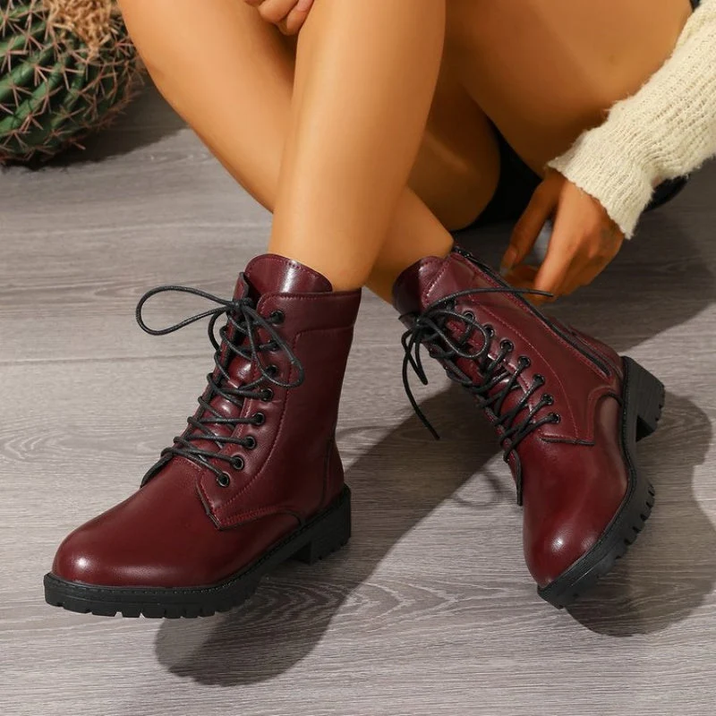 Bottes chelsea femme bordeaux à lacets et fermeture éclair latérale, semelle épaisse - Imagen 7