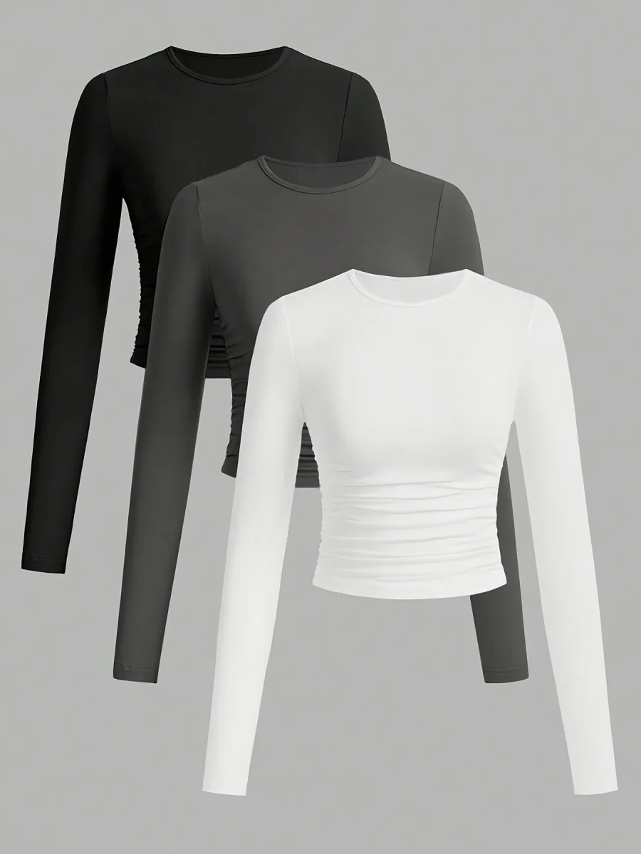 Lot de 3 Crop Tops Femme Manches Longues Col Rond Froncé - Imagen 5