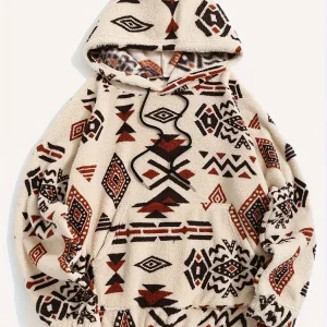 Sweat à Capuche Molletonné Motif Ethnique Beige et Marron avec Poche Kangourou