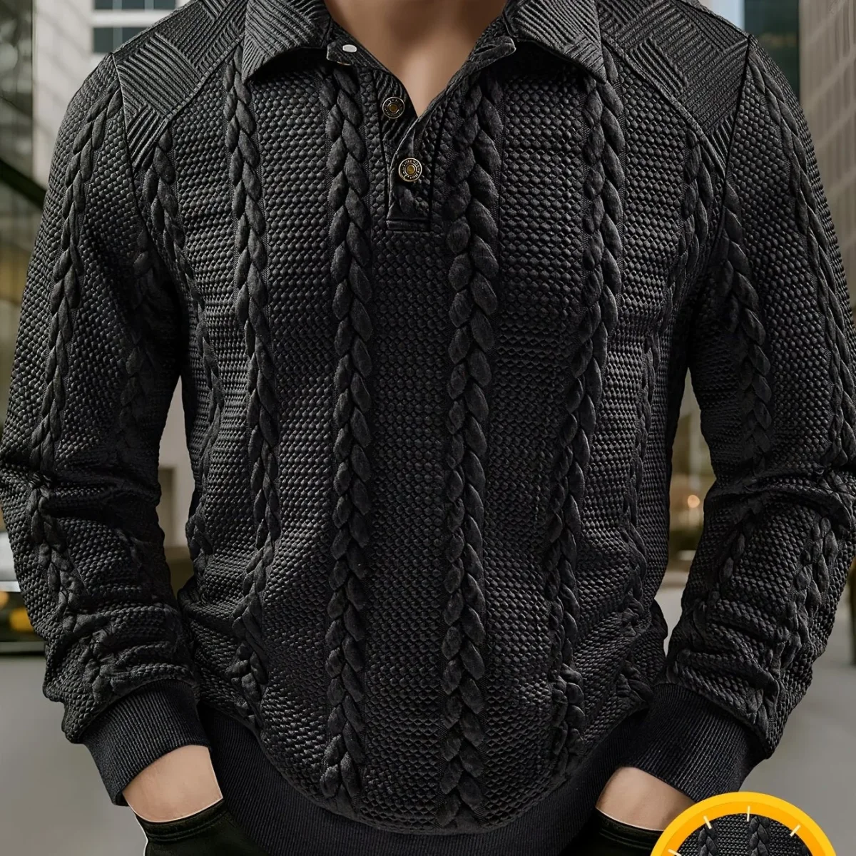 Polo homme tricoté à manches longues noir, col texturé, motif torsadé - Imagen 8