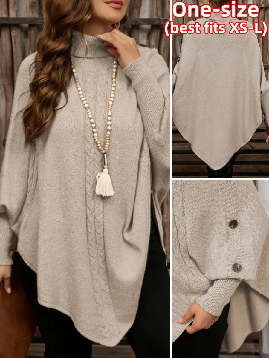 Pull poncho en tricot à col roulé et tresses avec boutons décoratifs pour femme - Imagen 4