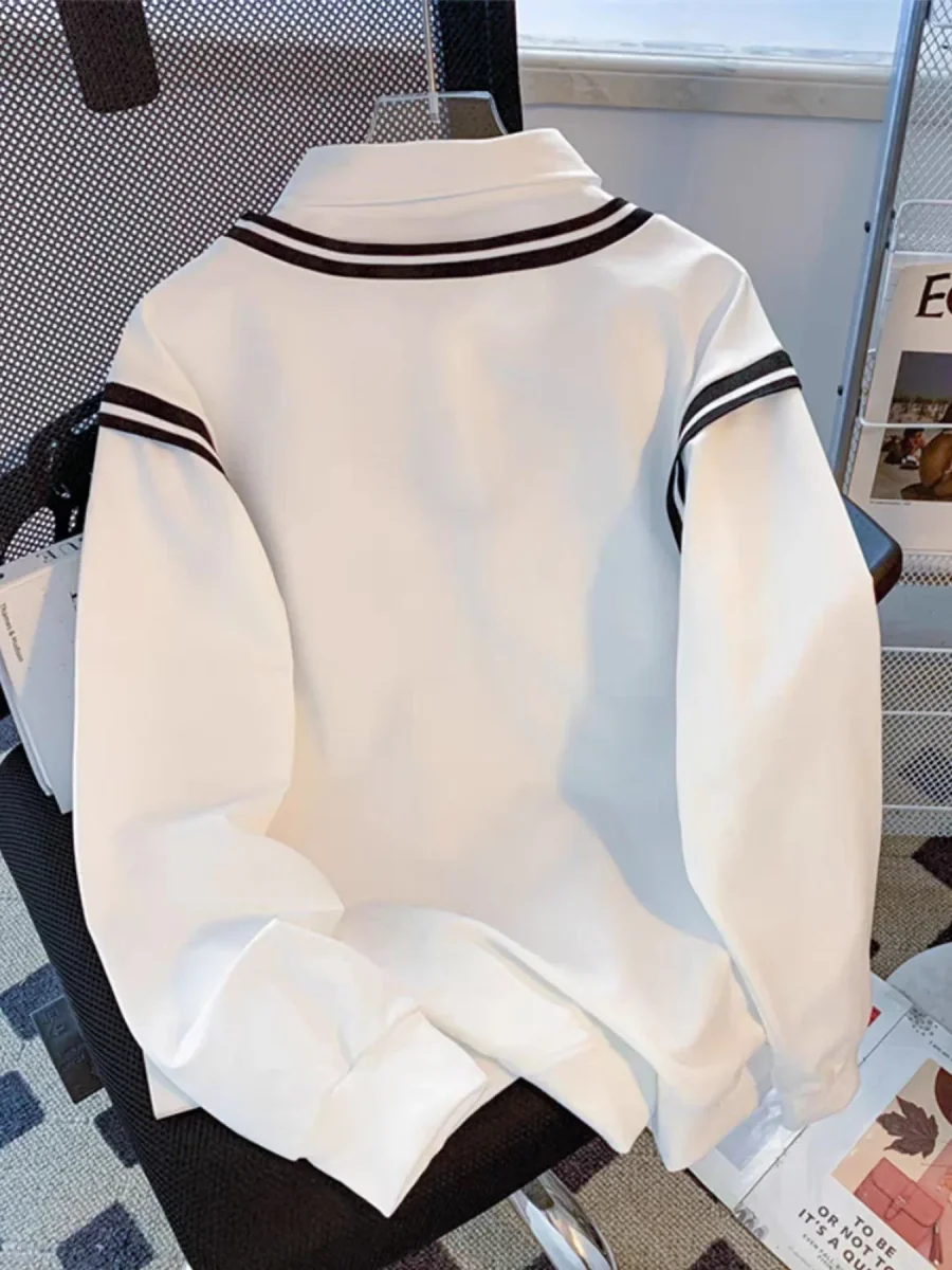 Pull col polo Blanc motif cœur Rayures V-neck manches longues style décontracté - Imagen 3
