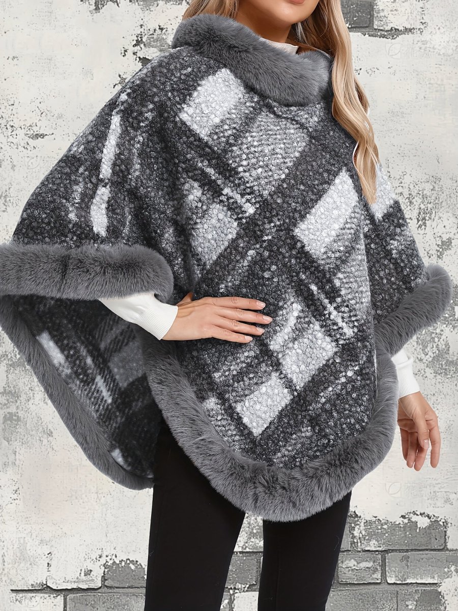 Poncho Femme Chaud Motifs Géométriques et Bordures Imitation Fourrure - Imagen 5