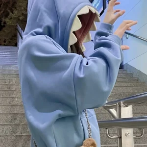 Sweat à Capuche Unisexe Bleu avec Capuche Requin à Dents 3D et Oreilles