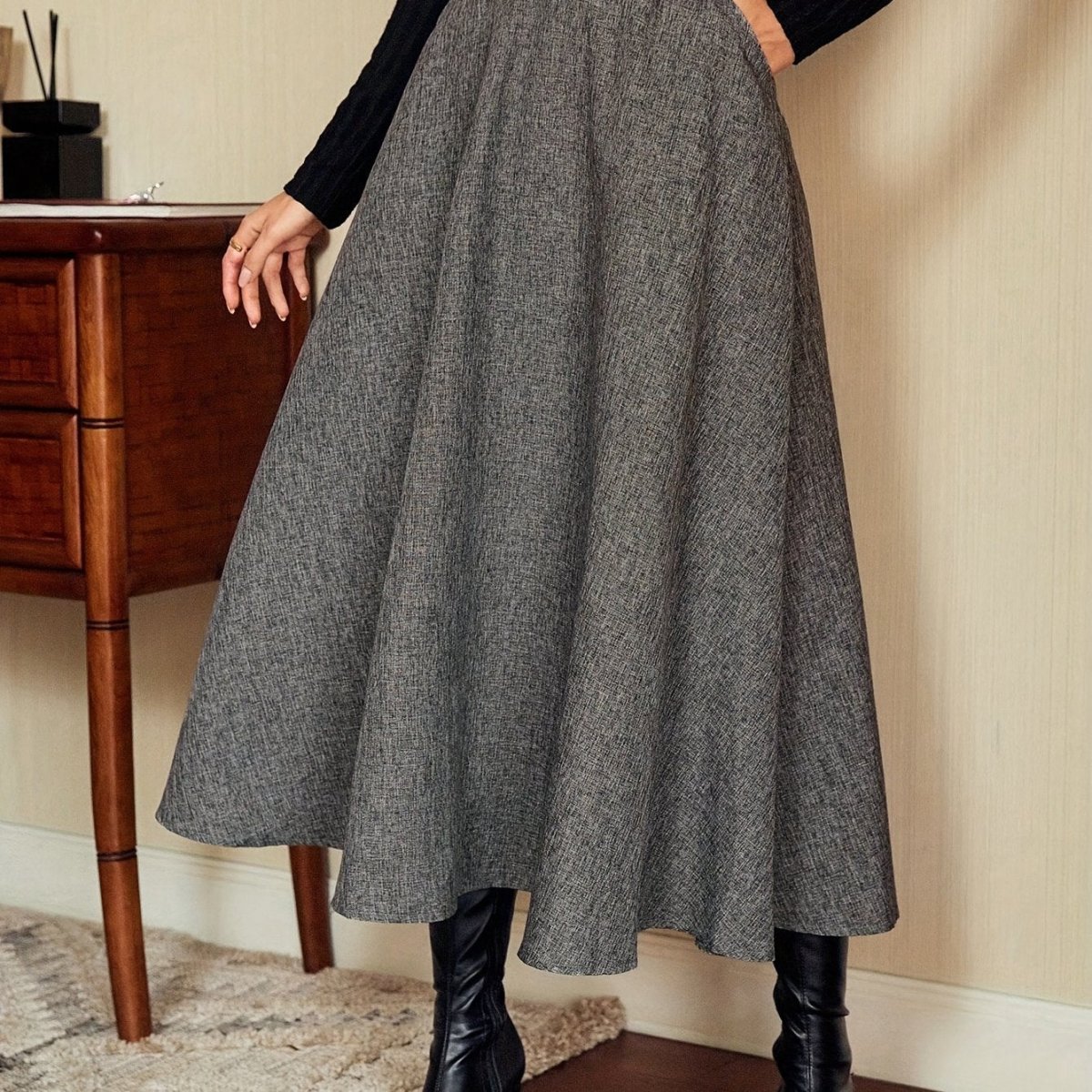 Jupe longue évasée taille haute unie gris chiné pour femme - Imagen 9