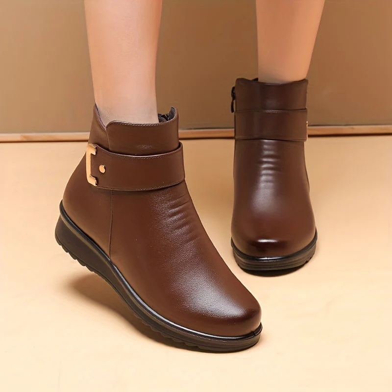 Bottines Femme doublées Chaudes Marron avec Sangle et Boucle Dorée - Imagen 5