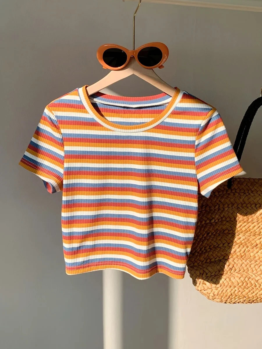 T-shirt rayé à manches courtes pour femme, style décontracté et tendance, parfait pour l'été - Imagen 7