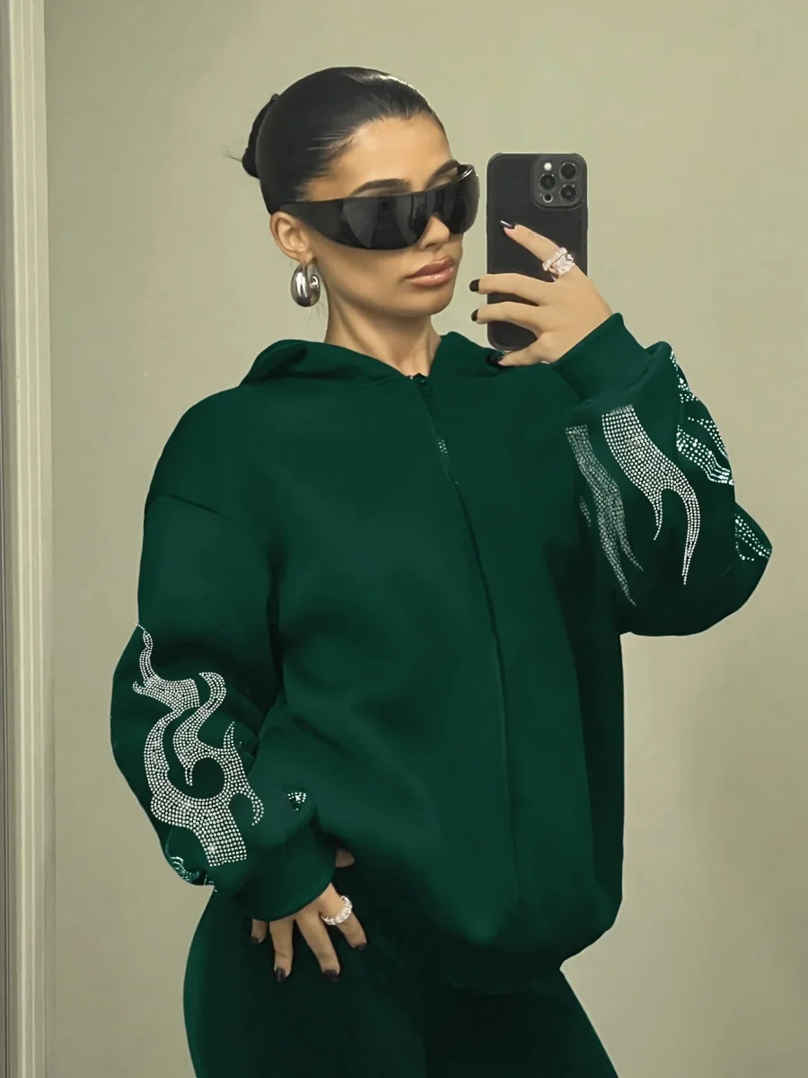 Sweat à Capuche Femme Décontracté Noir Flammé Strass Manches Longues - Imagen 8
