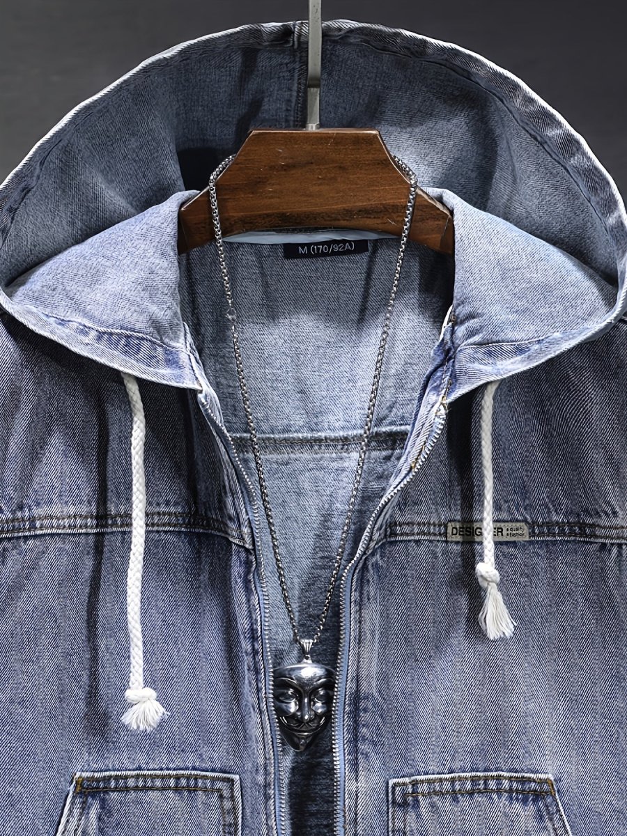 Veste sans manches à capuche pour homme en denim noir délavé - Imagen 7
