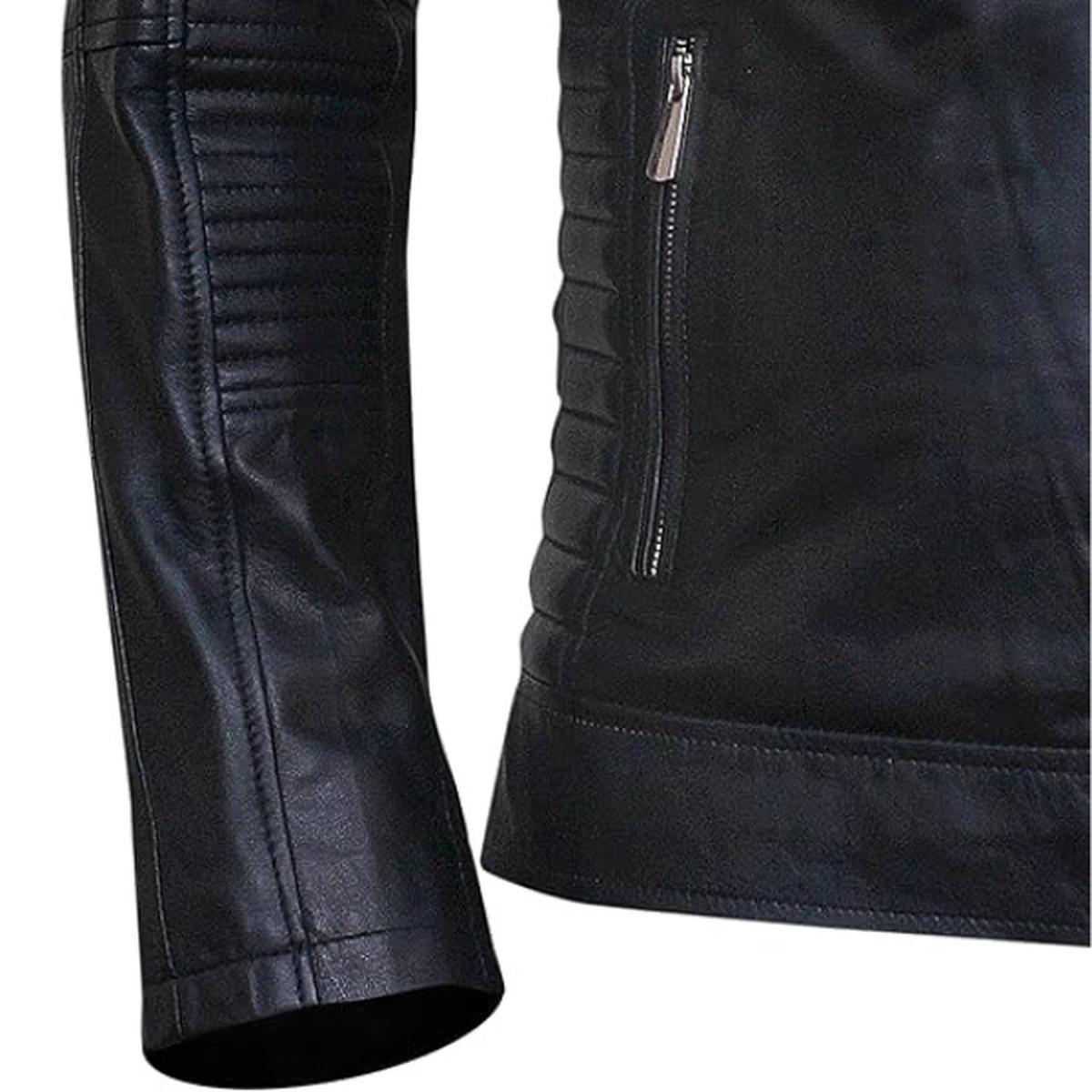 Chaqueta de hombre de cuero genuino negro estilo café racer. – con Cuello Alto - Imagen 6