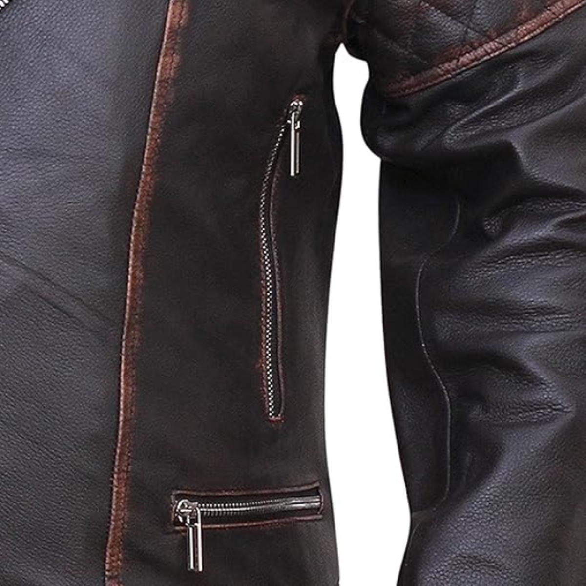 Chaqueta de cuero genuino para hombre, estilo motero clásico vintage. - Imagen 6