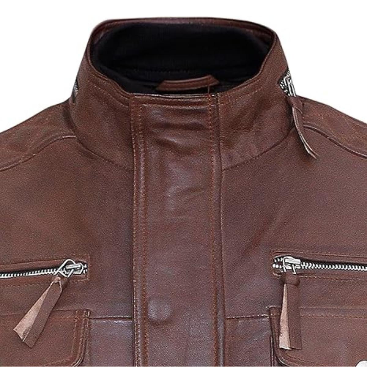 Chaqueta de hombre estilo café racer de piel de oveja marrón - Imagen 6