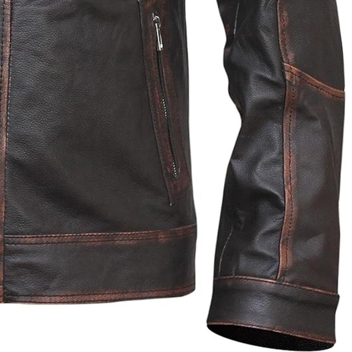 Chaqueta vintage de cuero auténtico para hombre, seis bolsillos, marrón oscuro, efecto desgastado. - Imagen 6