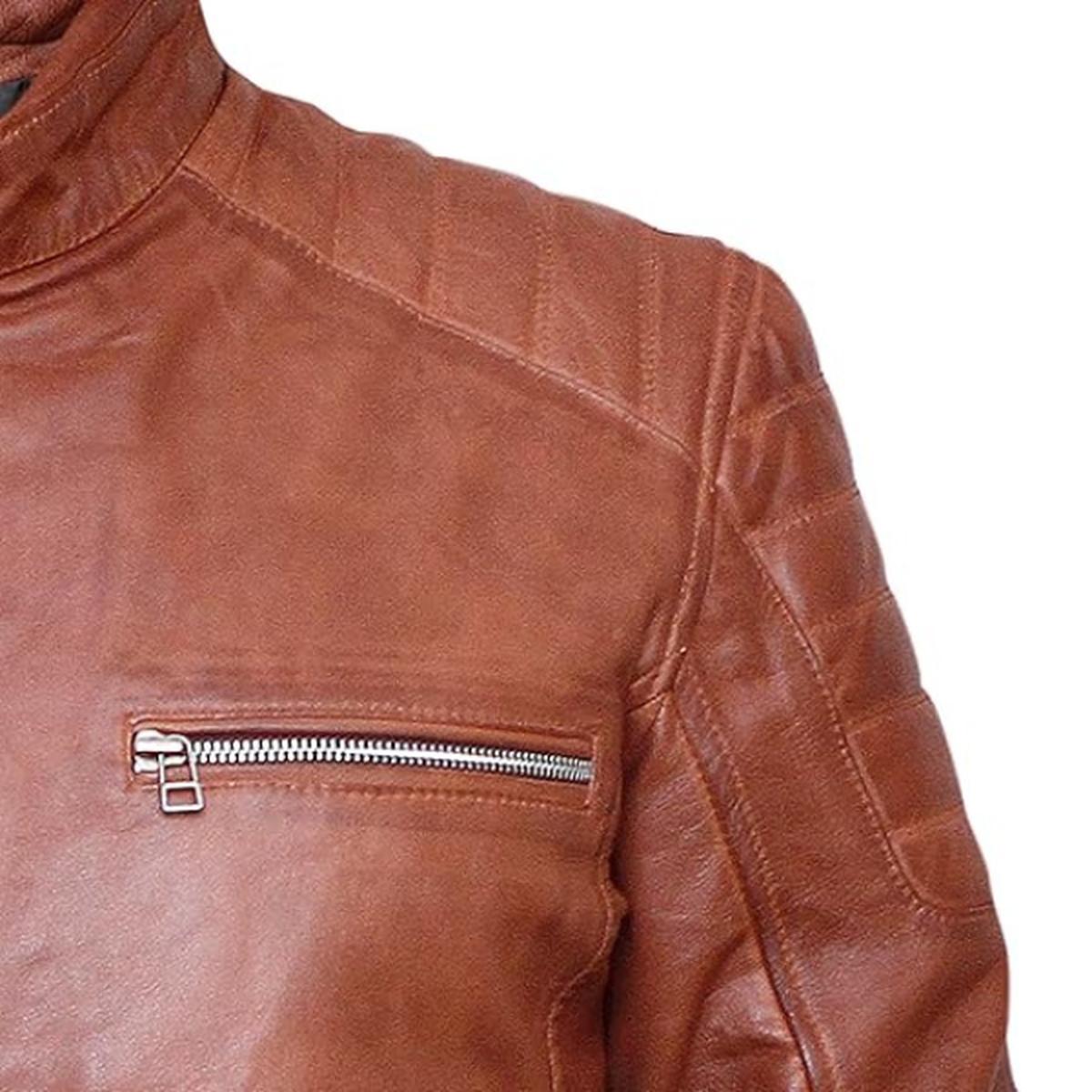 Chaqueta de hombre de cuero genuino marrón estilo café racer. – con Cuello Alto - Imagen 6