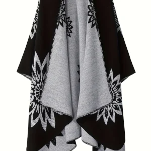 Poncho Réversible Femme Noir Motifs Floraux Blancs et Gris