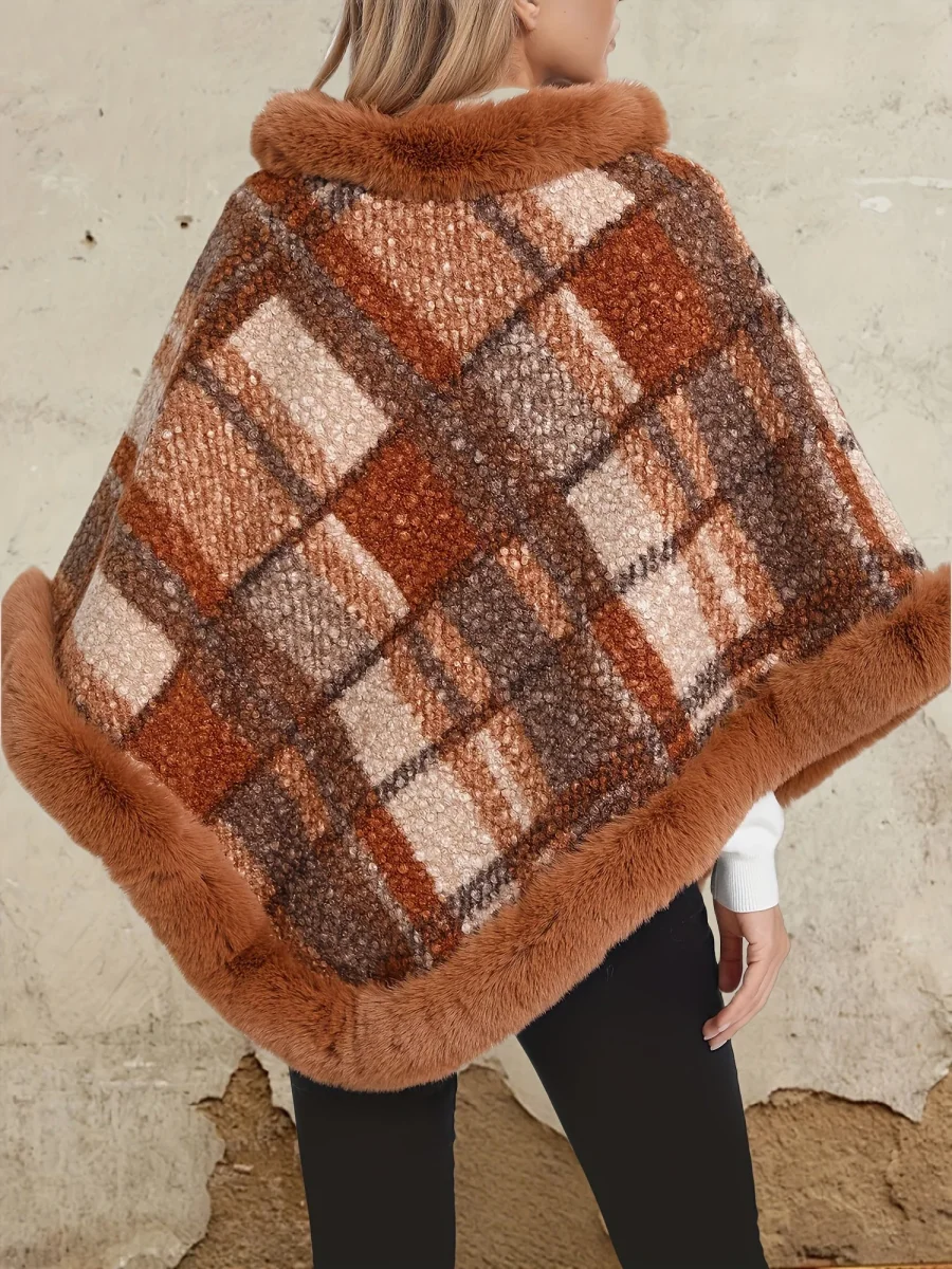 Poncho Femme Chaud Motifs Géométriques et Bordures Imitation Fourrure - Imagen 6