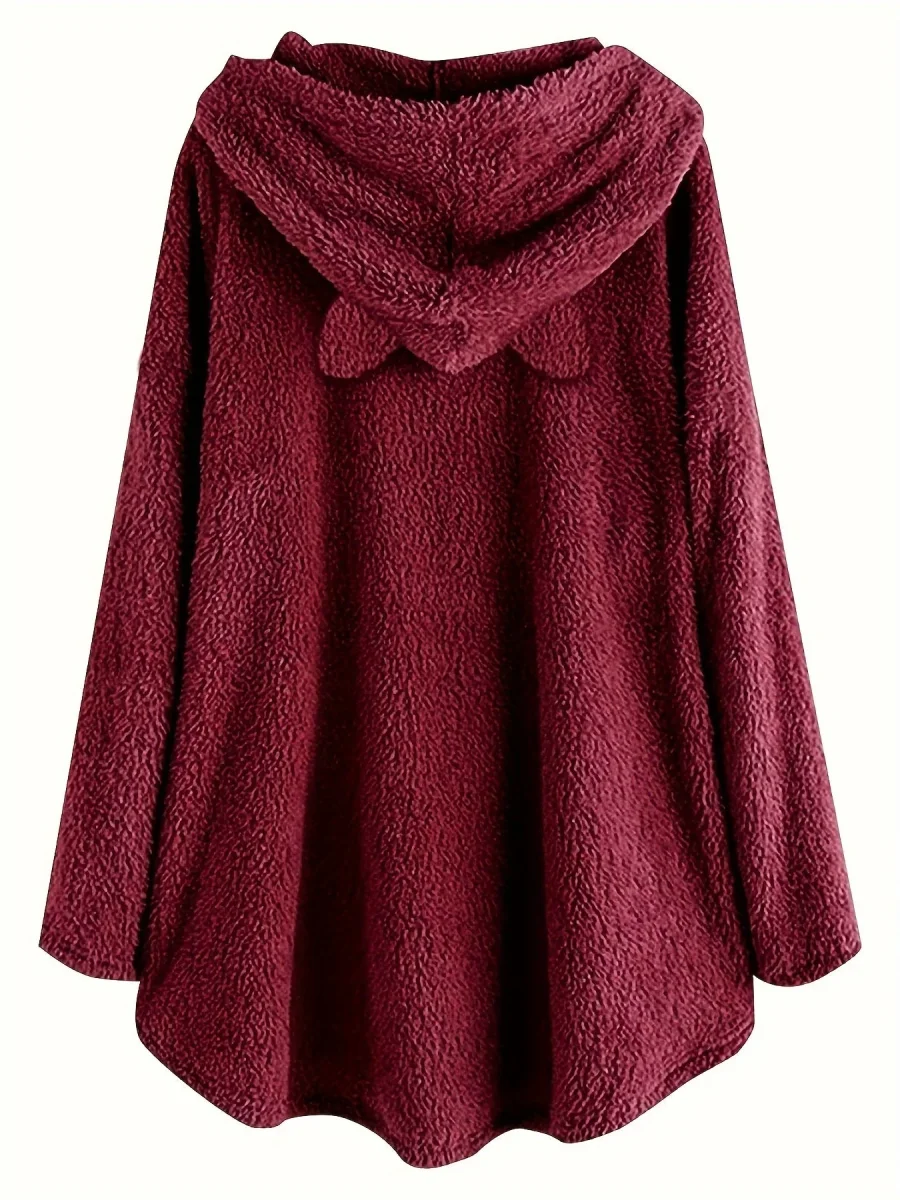 Pull à Capuche Teddy Femme Motif Chat "Fluff You" Rouge Bordeaux avec Oreilles - Imagen 4