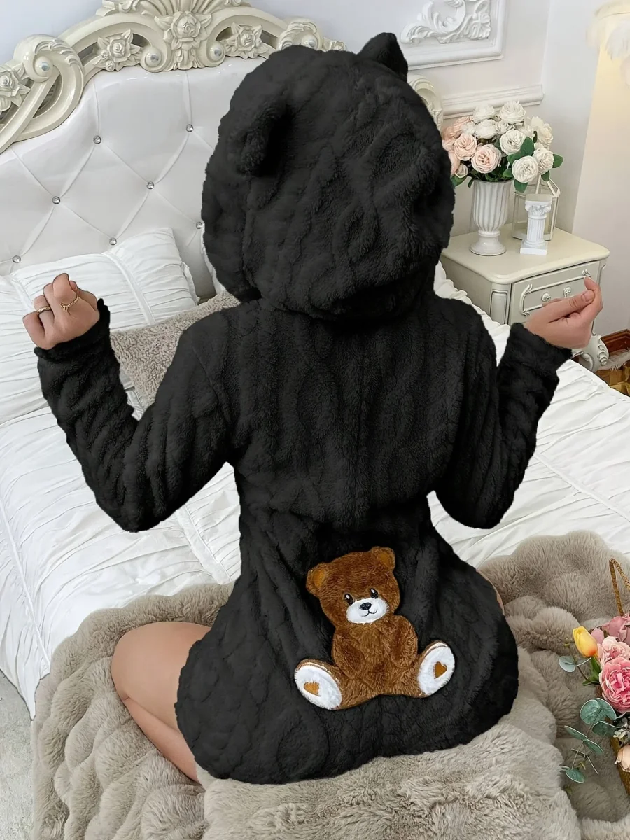 Grenouillère Peluche Femme à Capuche Ours Polaire Crème avec Broderie Ours Marron - Imagen 3