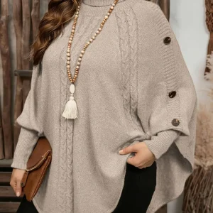 Pull poncho en tricot à col roulé et tresses avec boutons décoratifs pour femme