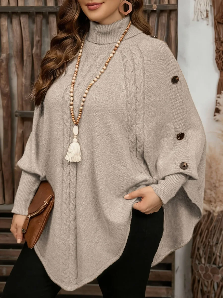 Pull poncho en tricot à col roulé et tresses avec boutons décoratifs pour femme - Imagen 2