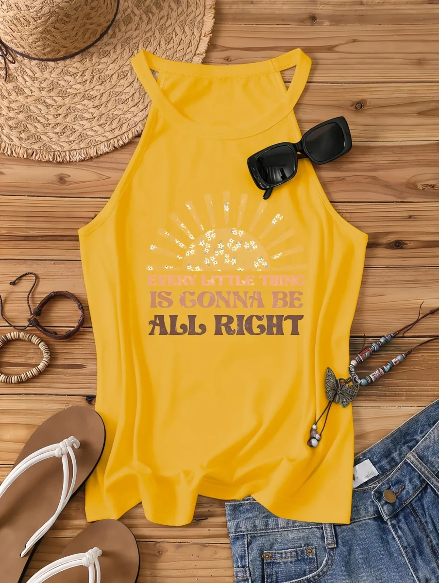 Débardeur Femme Style Bohème Casual - Motif Soleil et Message Positif - Idéal Été et Vacances - Imagen 4