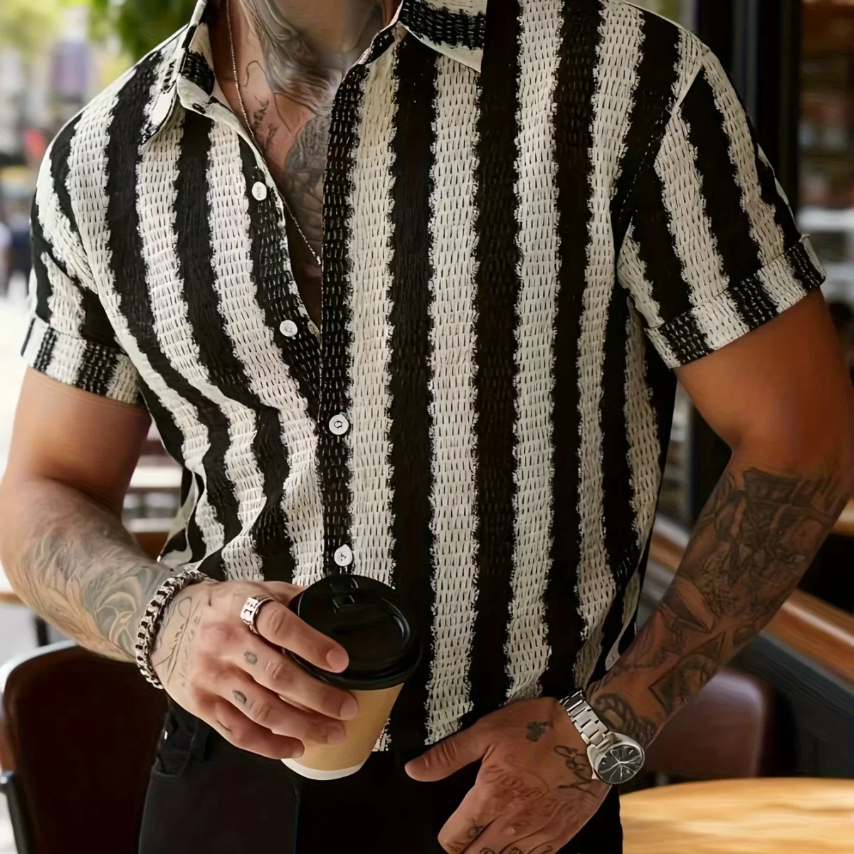 Chemise Resort Homme à Manches Courtes Style Moderne – Rayures Verticales, Look Urbain Décontracté - Imagen 7