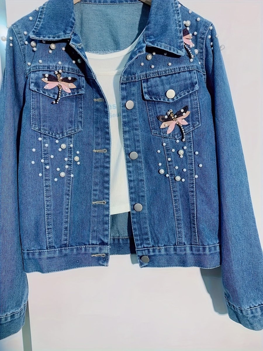 Veste en jean femme bleue brodée de perles et ornements - Imagen 6