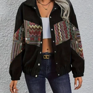 Veste bombardier femme noire en velours côtelé avec empiècements à motifs ethniques colorés